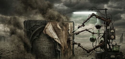 یک تصویر سورئال پانوراما از تلاشی بیهوده که در آن بازوهای مکانیکی و زنگ‌زده یک آزمایشگاه مدرن سعی دارند با زور و زحمت از صفحات متلاشی‌شده و غبارآلود یک کتاب مذهبی باستانی کهنه، داده‌های علمی استخراج کنند. فضای تصویر تیره و ویران است.