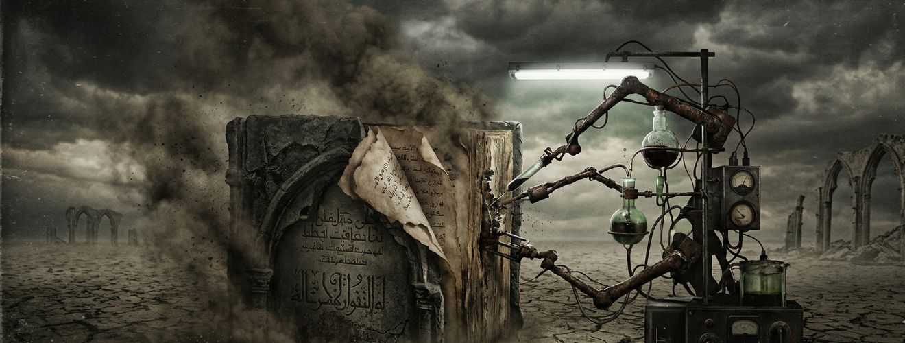 یک تصویر سورئال پانوراما از تلاشی بیهوده که در آن بازوهای مکانیکی و زنگ‌زده یک آزمایشگاه مدرن سعی دارند با زور و زحمت از صفحات متلاشی‌شده و غبارآلود یک کتاب مذهبی باستانی کهنه، داده‌های علمی استخراج کنند. فضای تصویر تیره و ویران است.