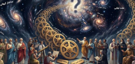 تصویر افقی با چرخ‌دنده‌های طلایی که یک زنجیره علّی را تشکیل می‌دهند. در پیش‌زمینه، فلاسفه و دانشمندان این زنجیره را که در عمق به ابهام و علامت سوال ختم می‌شود، بررسی می‌کنند. کهکشان‌ها از این نقطه ابهام منشأ می‌گیرند و تابلوهایی با نوشته‌های فارسی "مغالطه ترکیب؟"، "استثناء کردن؟"، "تبیین شخصی؟"، "آغاز جهان؟"، "ندانستن" دیده می‌شوند.