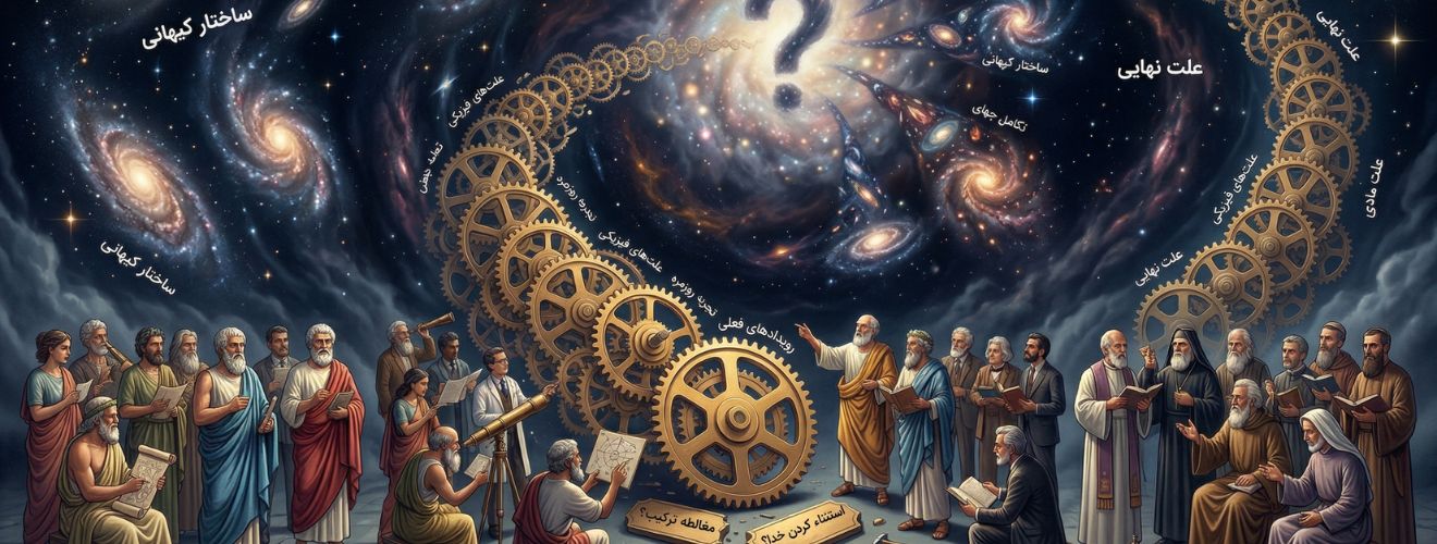 تصویر افقی با چرخ‌دنده‌های طلایی که یک زنجیره علّی را تشکیل می‌دهند. در پیش‌زمینه، فلاسفه و دانشمندان این زنجیره را که در عمق به ابهام و علامت سوال ختم می‌شود، بررسی می‌کنند. کهکشان‌ها از این نقطه ابهام منشأ می‌گیرند و تابلوهایی با نوشته‌های فارسی "مغالطه ترکیب؟"، "استثناء کردن؟"، "تبیین شخصی؟"، "آغاز جهان؟"، "ندانستن" دیده می‌شوند.