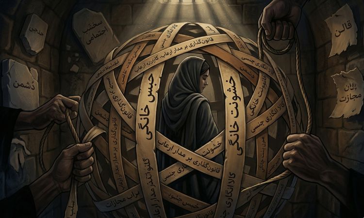 تصویری مفهومی درباره خشونت علیه زنان، مجازات و مهندسی سرکوب اجتماعی در اسلام