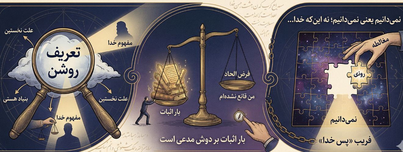 ترسیم سه‌گانهٔ «تعریف روشن»، «بار اثبات بر دوش مدعی» و «پرهیز از مغالطهٔ استدلال از جهل» به عنوان پیش‌شرط‌های ضروری برای هرگونه گفتمان عقلانی دربارهٔ وجود خدا.