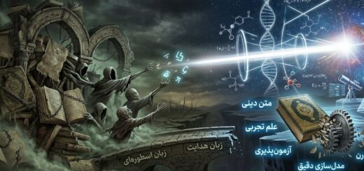 یک تصویر سورئال پانوراما که تضاد میان ساختار پوسیده و تاریک جزم‌گرایی دینی (سمت چپ) را با ساختار شفاف، نورانی و هندسی علم مدرن (سمت راست) نشان می‌دهد. یک پل سنگی کهنه با عنوان «زبان اسطوره‌ای» قبل از رسیدن به قلمرو علم، بر فراز یک دره عمیق قطع شده است. در پس‌زمینه، یک تلسکوپ مدرن به سمتی خیره شده که نور علم به ظلمت کهنگی می‌تابد.