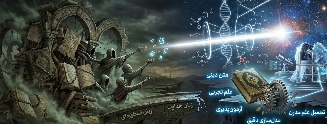 یک تصویر سورئال پانوراما که تضاد میان ساختار پوسیده و تاریک جزم‌گرایی دینی (سمت چپ) را با ساختار شفاف، نورانی و هندسی علم مدرن (سمت راست) نشان می‌دهد. یک پل سنگی کهنه با عنوان «زبان اسطوره‌ای» قبل از رسیدن به قلمرو علم، بر فراز یک دره عمیق قطع شده است. در پس‌زمینه، یک تلسکوپ مدرن به سمتی خیره شده که نور علم به ظلمت کهنگی می‌تابد.