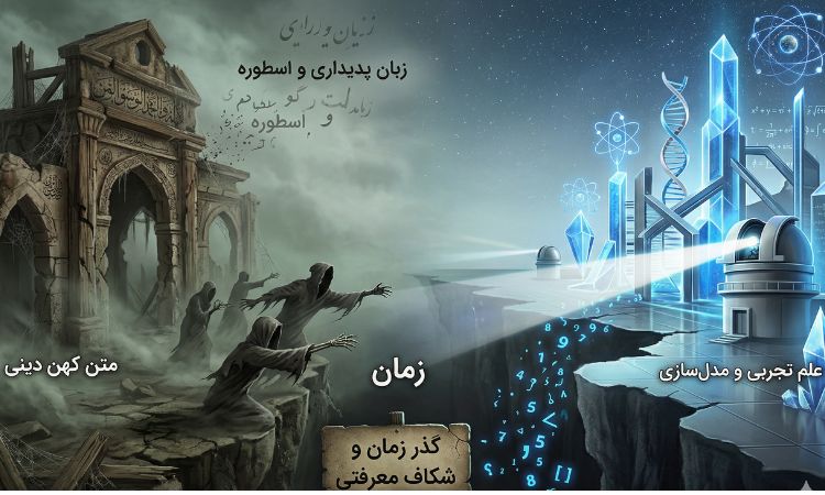 تصویر متمرکز سورئال از چنگ زدن ناامیدانه دست‌های استخوانی و پنهان در تاریکیِ جزم‌اندیشی دینی (سمت چپ) به سمت نمادهای نورانی، آبی‌رنگ و دقیق علم مدرن (مانند مارپیچ دی‌ان‌ای و فرمول‌های ریاضی) در سمت راست. میان این دو، یک دره عمیق قرار دارد و این تلاش برای پیوند زدن، بیهوده و محتوم به شکست به نظر می‌رسد. عبارات فارسی «زبان پدیداری» و «مدل‌سازی دقیق» بر روی تضاد دو فضا تاکید می‌کنند.