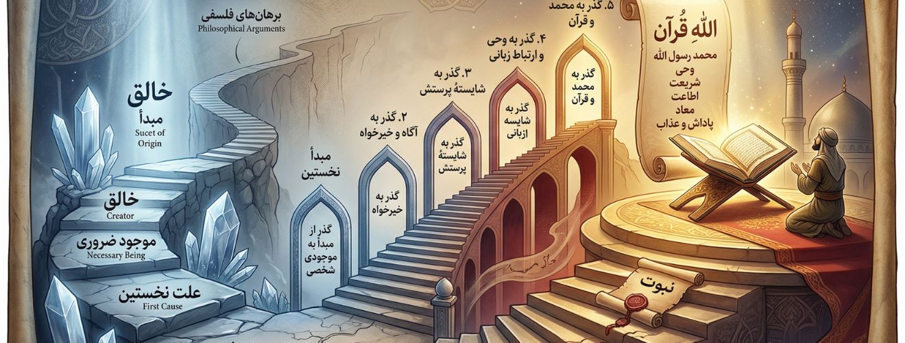 مایش بصری پله‌های پنج‌گانه‌ای که نشان می‌دهد چرا حتی با پذیرش براهین فلسفی، برای اثبات «اللهِ قرآن» و «حقانیت نبوت» به استدلال‌های مستقل و جداگانه نیاز است.