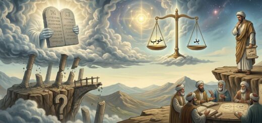 تصویر افقی پانوراما، با دستی از ابرها که الواح لرزان روی ستون‌های فروریخته را نگه داشته است (سمت چپ). در مرکز، ترازوی عدالت معلق با علامت‌های خوب و بد بین الواح و فیلسوف (سمت راست). فیلسوف روی صخره‌ای مستحکم با طومار عقل خیره به ترازو است. گروه عالمان دور میز بحث با نمودار حسن و قبح در پایین سمت راست نشسته‌اند.