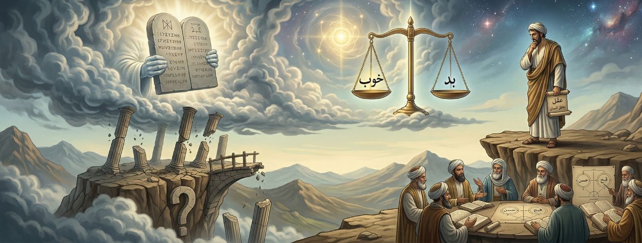 تصویر افقی پانوراما، با دستی از ابرها که الواح لرزان روی ستون‌های فروریخته را نگه داشته است (سمت چپ). در مرکز، ترازوی عدالت معلق با علامت‌های خوب و بد بین الواح و فیلسوف (سمت راست). فیلسوف روی صخره‌ای مستحکم با طومار عقل خیره به ترازو است. گروه عالمان دور میز بحث با نمودار حسن و قبح در پایین سمت راست نشسته‌اند.