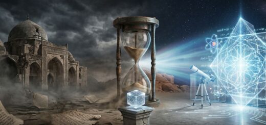 یک تصویر سورئال با تباین شدید رنگی که در سمت چپ، نمادهای کهنه و در حال فروپاشی دینی (مانند کتب قدیمی با خطوط مبهّم و معماری گنبدی ویران) در مه تاریکی قرار دارند و در سمت راست، نمادهای شفاف و دقیق علمی (مانند نمودارهای هندسی لایتناهی، فرمول‌های ریاضی نورانی و ساختارهای اتمی مدرن) از دل تاریکی بیرون آمده و فضا را روشن می‌کنند. یک ساعت شنی بزرگ در مرکز قرار دارد که شن‌های آن از سمت دین به سمت علم جاری است و نشان‌دهنده گذر زمان و پیروزی وضوح بر ابهام است.