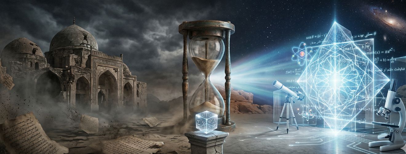 یک تصویر سورئال با تباین شدید رنگی که در سمت چپ، نمادهای کهنه و در حال فروپاشی دینی (مانند کتب قدیمی با خطوط مبهّم و معماری گنبدی ویران) در مه تاریکی قرار دارند و در سمت راست، نمادهای شفاف و دقیق علمی (مانند نمودارهای هندسی لایتناهی، فرمول‌های ریاضی نورانی و ساختارهای اتمی مدرن) از دل تاریکی بیرون آمده و فضا را روشن می‌کنند. یک ساعت شنی بزرگ در مرکز قرار دارد که شن‌های آن از سمت دین به سمت علم جاری است و نشان‌دهنده گذر زمان و پیروزی وضوح بر ابهام است.