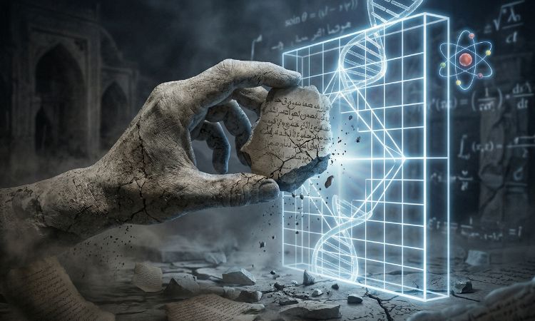 نمای نزدیک از یک دست سنگی، خشن و فرسوده (مانند یک مجسمه باستانی) که سعی دارد یک تکه پازل نامنظم و سنگی (دارای خطوط مبهّم قدیمی) را با فشار زیاد در یک شبکه پازل هندسی و نورانی دقیق (مانند ساختار دی‌ان‌ای و شبکه اتمی شفاف با نور آبی سرد) جای دهد. تکه پازل سنگی با شبکه همخوانی ندارد و در حال ترک خوردن است. پس‌زمینه فضای تاریک و غبارآلود با نور سرد علمی. جو تنش، شکست و زور بیهوده.