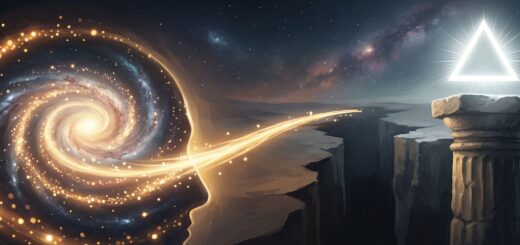 تصویر مینیمال و مفهومی افقی از یک پل نورانی ناتمام که از کهکشان ذهنی انسان شروع شده و پیش از رسیدن به ستون سنگی حاوی نماد حقیقت مطلق، در میان شکاف عمیق قطع می‌شود؛ نمادی از نقد برهان فطرت در عبور از میل درونی به واقعیت بیرونی.