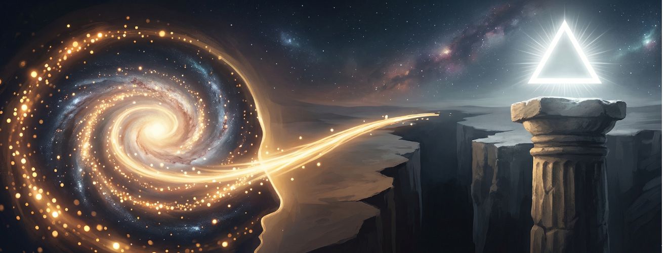 تصویر مینیمال و مفهومی افقی از یک پل نورانی ناتمام که از کهکشان ذهنی انسان شروع شده و پیش از رسیدن به ستون سنگی حاوی نماد حقیقت مطلق، در میان شکاف عمیق قطع می‌شود؛ نمادی از نقد برهان فطرت در عبور از میل درونی به واقعیت بیرونی.