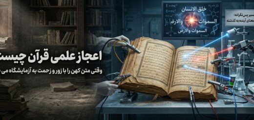 «یک بنر وب‌سایت ترکیبی که به دو بخش اصلی تقسیم شده است. سمت چپ، تصویری تاریک و کهنه از یک کتابخانه قدیمی با قفسه‌های چوبی پر از کتاب‌های گردآلود است. در این بخش متن فارسی با فونت سفید بزرگ نوشته شده است: "اعجاز علمی قرآن چیست؟" و زیر آن با فونت کوچک‌تر: "وقتی متن کهن را با زور و زحمت به آزمایشگاه می‌برند". سمت راست تصویر، یک محیط آزمایشگاهی علمی مدرن و روشن است. یک کتاب قدیمی باز (قرآن) روی میز آزمایشگاه قرار دارد و به سیم‌ها، پروب‌ها، و تجهیزات مختلف آزمایشگاهی متصل شده است. دست‌هایی با دستکش‌های سفید در حال متصل کردن پروب‌ها به صفحات کتاب هستند و پرتوهای لیزر آبی و قرمز به آن می‌تابند. در پس‌زمینه، مانیتوری با فرمول‌های فیزیک (E=mc²) و ساختارهای مولکولی به همراه متن فارسی "خلق الانسان"، "السموات" و "السموات والارض" دیده می‌شود. یک تابلوی کوچک روی دیوار آزمایشگاه نوشته است: "تفسیر پس‌نگرانه: تحمیل معنای آینده به گذشته".»