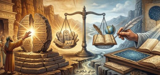 تصویری مفهومی و افقی از تقابل شگفتی و خرد؛ در یک سوی تصویر، دستی به سوی نوری درخشان در ترک یک سنگ دراز شده که نماد ادعای معجزه است، و در سوی دیگر، کتاب‌های علمی گشوده و چرخ‌دنده‌هایی تحت تحلیل دقیق قرار دارند که نماد سنجش عقلانی است.