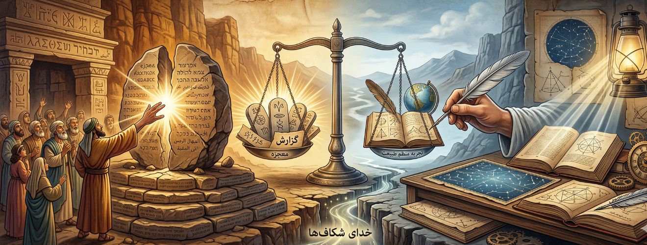 تصویری مفهومی و افقی از تقابل شگفتی و خرد؛ در یک سوی تصویر، دستی به سوی نوری درخشان در ترک یک سنگ دراز شده که نماد ادعای معجزه است، و در سوی دیگر، کتاب‌های علمی گشوده و چرخ‌دنده‌هایی تحت تحلیل دقیق قرار دارند که نماد سنجش عقلانی است.