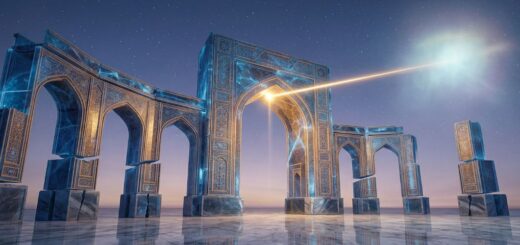 یک تصویر عریض مفهومی از یک طاق فلسفی باستانی که از الگوهای هندسی درخشان آبی کیهانی و طلایی ساخته شده است. با این حال، بلوک‌های سنگی زیربنایی که با برچسب "ممکنات" (موجودات وابسته) مشخص شده‌اند، ترک خورده‌اند و به آرامی از هم باز شده‌اند و شکاف‌هایی دارند. یک پرتو نور طلایی از نقطه مرکزی طاق به سمت یک درخشش ستاره‌ای قدرتمند و پراکنده در آسمان شب کشیده شده است. بازتاب این ساختار بر روی یک پلازای مرمری منعکس شده است. این تصویر یک ساختار فلسفی بزرگ را در کنار نقدهای منطقی آن تداعی می‌کند.