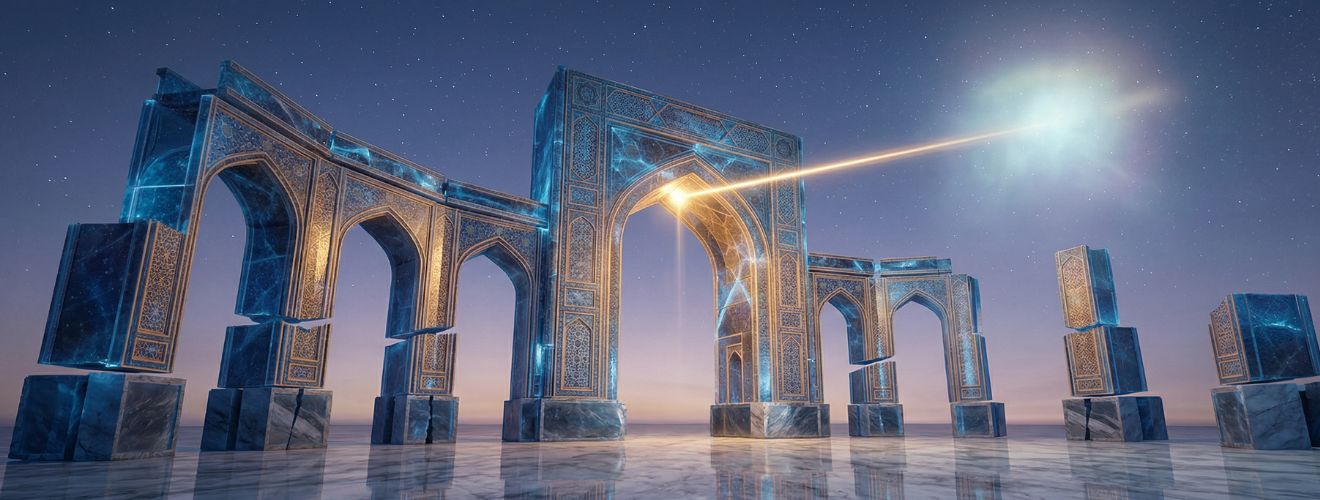 یک تصویر عریض مفهومی از یک طاق فلسفی باستانی که از الگوهای هندسی درخشان آبی کیهانی و طلایی ساخته شده است. با این حال، بلوک‌های سنگی زیربنایی که با برچسب "ممکنات" (موجودات وابسته) مشخص شده‌اند، ترک خورده‌اند و به آرامی از هم باز شده‌اند و شکاف‌هایی دارند. یک پرتو نور طلایی از نقطه مرکزی طاق به سمت یک درخشش ستاره‌ای قدرتمند و پراکنده در آسمان شب کشیده شده است. بازتاب این ساختار بر روی یک پلازای مرمری منعکس شده است. این تصویر یک ساختار فلسفی بزرگ را در کنار نقدهای منطقی آن تداعی می‌کند.