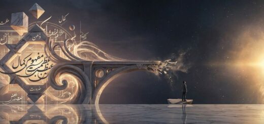 یک تصویر عریض مفهومی (۱۳۲۰ در ۵۰۰ پیکسل) از یک پل فلسفی عظیم و باشکوه که از صخره‌ای در سمت چپ آغاز می‌شود. این صخره با برچسب فارسی "مفهوم" (Concept) و با الگوهای هندسی و خوشنویسی پیچیده فارسی و عربی مانند 'کمال' (Perfection)، 'عظمت' (Greatness)، 'ضرورت' (Necessity) ساخته شده است. این ساختار پل باشکوه است، اما وقتی می‌خواهد از یک دره عمیق و تاریک عبور کند، در نیمه‌راه ناگهان می‌شکند، خرد می‌شود و به شکل غباری انتزاعی از نور در می‌آید و به صخره مقابل نمی‌رسد. صخره مقابل در سمت راست با برچسب فارسی "واقعیت" (Reality) یا "وجود خارجی" (Actual Existence) به صورت نوری درخشان، اثیری و دور از دسترس به تصویر کشیده شده است. یک فیلسوف تنها در لبه پل شکسته در سمت چپ ایستاده و به سمت نور دور دست نگاه می‌کند. فضای تصویر علمی، متفکرانه و مفهومی است.