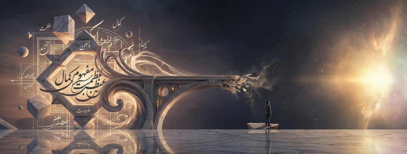 یک تصویر عریض مفهومی (۱۳۲۰ در ۵۰۰ پیکسل) از یک پل فلسفی عظیم و باشکوه که از صخره‌ای در سمت چپ آغاز می‌شود. این صخره با برچسب فارسی "مفهوم" (Concept) و با الگوهای هندسی و خوشنویسی پیچیده فارسی و عربی مانند 'کمال' (Perfection)، 'عظمت' (Greatness)، 'ضرورت' (Necessity) ساخته شده است. این ساختار پل باشکوه است، اما وقتی می‌خواهد از یک دره عمیق و تاریک عبور کند، در نیمه‌راه ناگهان می‌شکند، خرد می‌شود و به شکل غباری انتزاعی از نور در می‌آید و به صخره مقابل نمی‌رسد. صخره مقابل در سمت راست با برچسب فارسی "واقعیت" (Reality) یا "وجود خارجی" (Actual Existence) به صورت نوری درخشان، اثیری و دور از دسترس به تصویر کشیده شده است. یک فیلسوف تنها در لبه پل شکسته در سمت چپ ایستاده و به سمت نور دور دست نگاه می‌کند. فضای تصویر علمی، متفکرانه و مفهومی است.