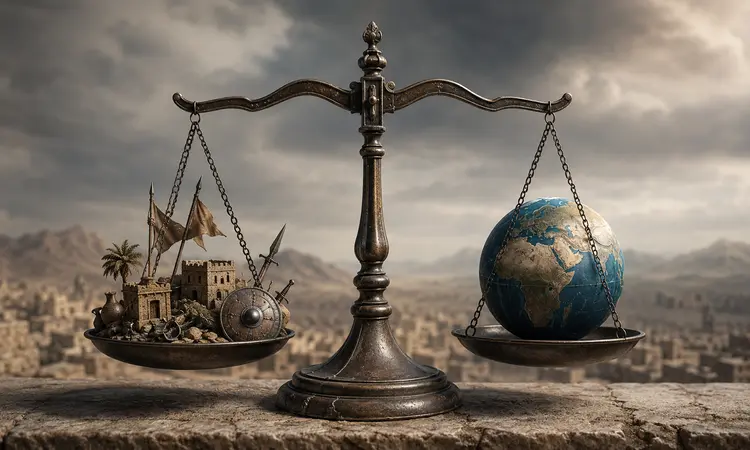 دستی با ذره‌بین بر فراز حیاط و کاروانی تاریخی برای بررسی زمینهٔ تاریخی قرآن.