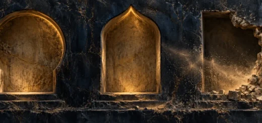 سه جای خالی نمادین برای لات، عزی و منات؛ تصویر مفهومی از حذف پرستشگاه‌ها